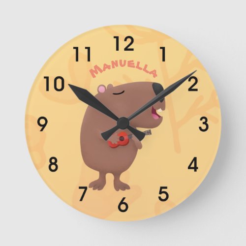 Cute singing capybara ukulele cartoon illustration round clock