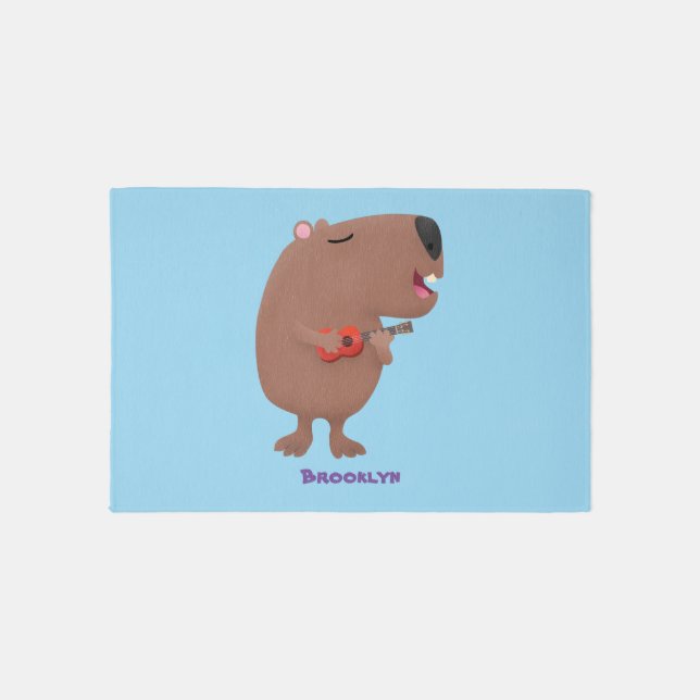 Cute singing capybara ukulele cartoon illustration rug (Front)