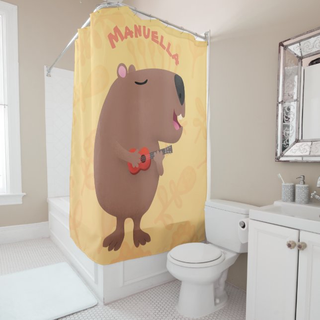 Cute singing capybara ukulele cartoon illustration shower curtain (In Situ)