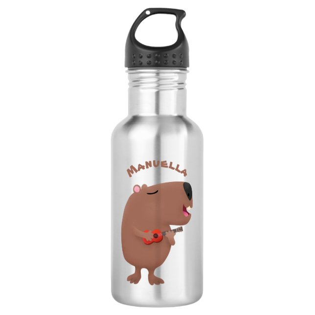 Cute singing capybara ukulele cartoon illustration stainless steel water bottle (Front)