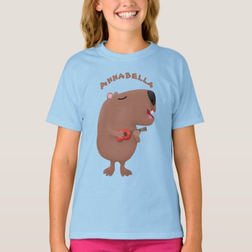 Cute singing capybara ukulele cartoon illustration T_Shirt