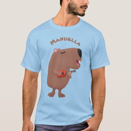 Cute singing capybara ukulele cartoon illustration T_Shirt