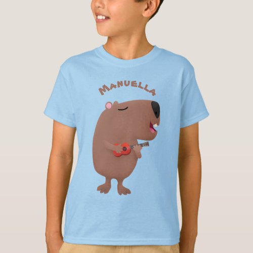 Cute singing capybara ukulele cartoon illustration T_Shirt