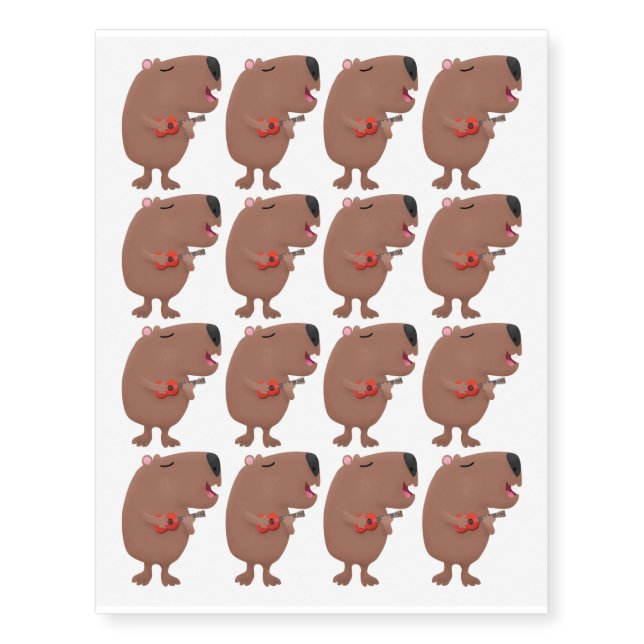 Cute singing capybara ukulele cartoon illustration temporary tattoos (Front)