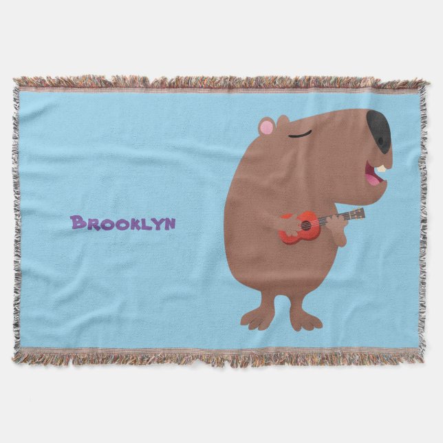 Cute singing capybara ukulele cartoon illustration throw blanket (Front)