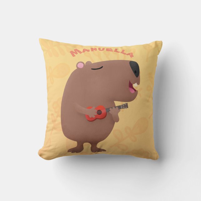 Cute singing capybara ukulele cartoon illustration throw pillow (Front)