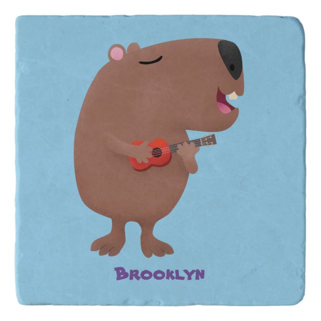 Cute singing capybara ukulele cartoon illustration trivet (Front)