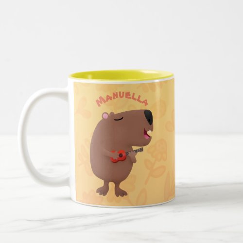 Cute singing capybara ukulele cartoon illustration Two_Tone coffee mug