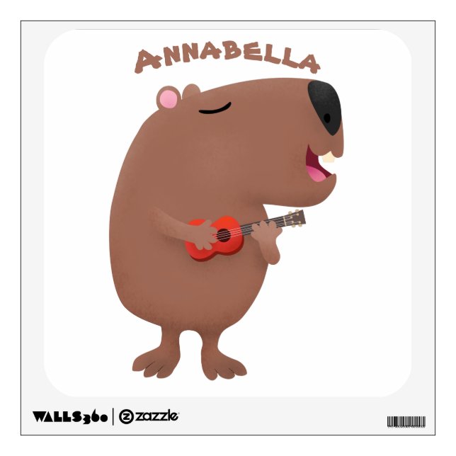 Cute singing capybara ukulele cartoon illustration wall decal (Front)