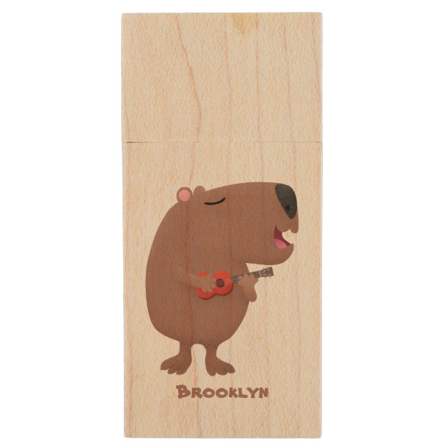 Cute singing capybara ukulele cartoon illustration wood flash drive (Front Vertical)