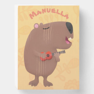 Cute singing capybara ukulele cartoon illustration wooden box sign