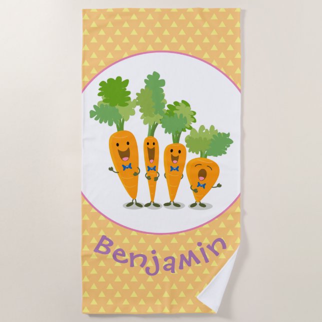 Cute singing carrot quartet cartoon illustration beach towel (Front)