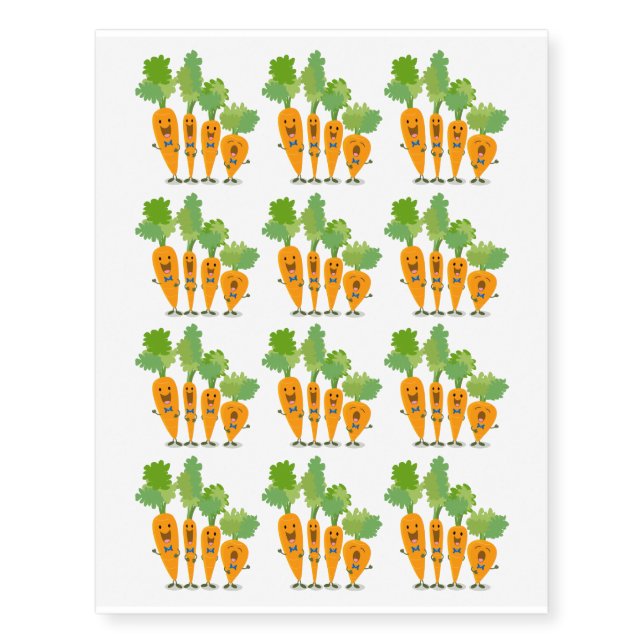 Cute singing carrot quartet cartoon illustration temporary tattoos (Front)
