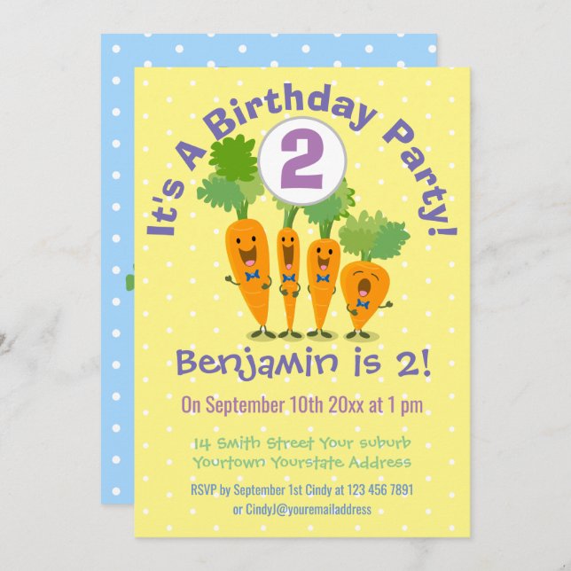 Cute singing carrots cartoon illustration invitation (Front/Back)