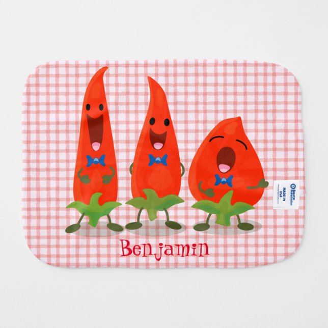 Cute singing chilli peppers cartoon illustration baby burp cloth (Back Horizontal)