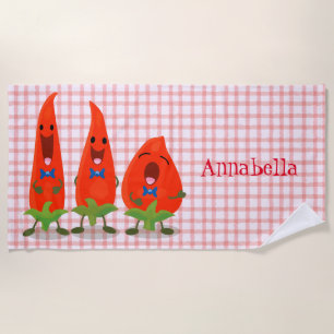 Cute singing chilli peppers cartoon illustration beach towel