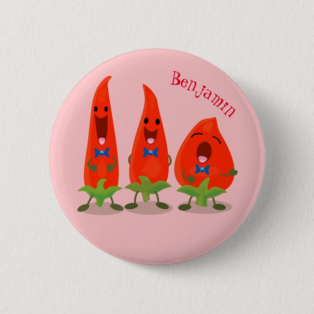 Cute singing chilli peppers cartoon illustration button (Front)