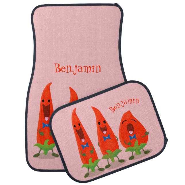 Cute singing chilli peppers cartoon illustration car floor mat (Set)