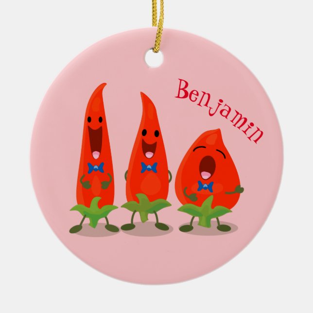 Cute singing chilli peppers cartoon illustration ceramic ornament (Front)