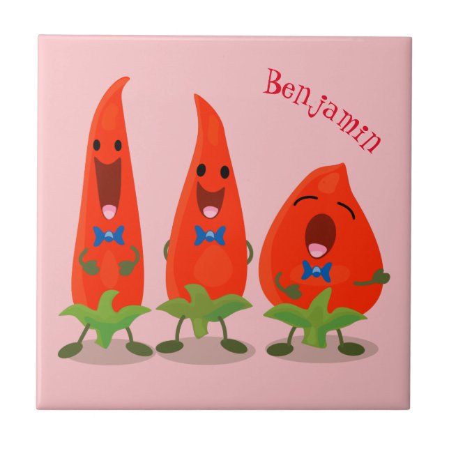 Cute singing chilli peppers cartoon illustration ceramic tile (Front)