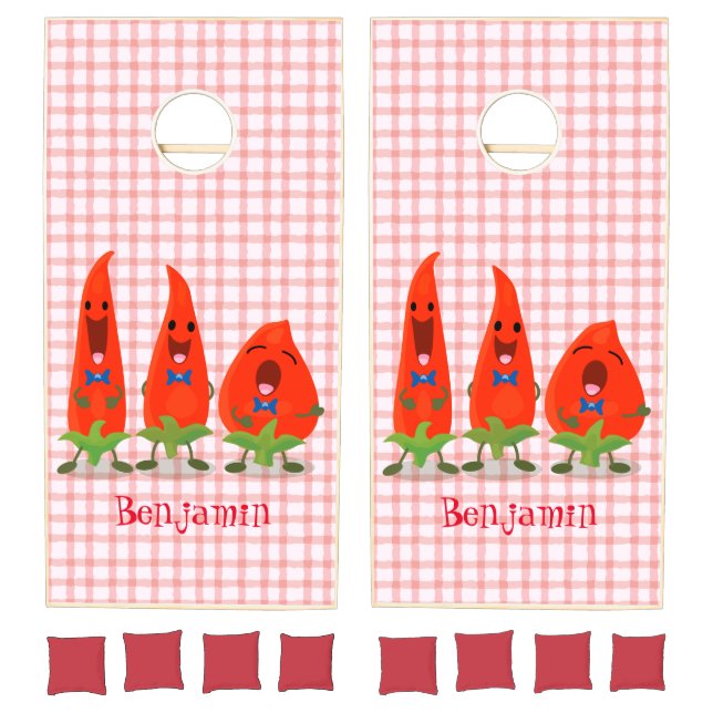 Cute singing chilli peppers cartoon illustration cornhole set (Set)