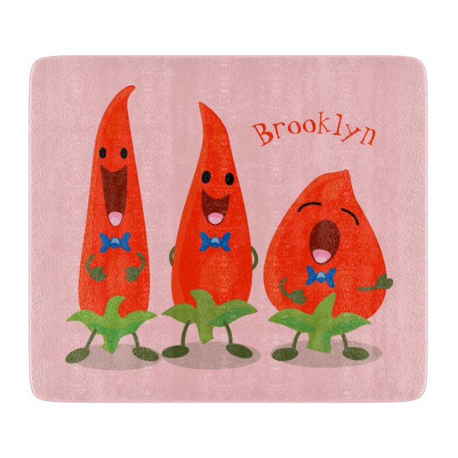 Cute singing chilli peppers cartoon illustration cutting board (Front)