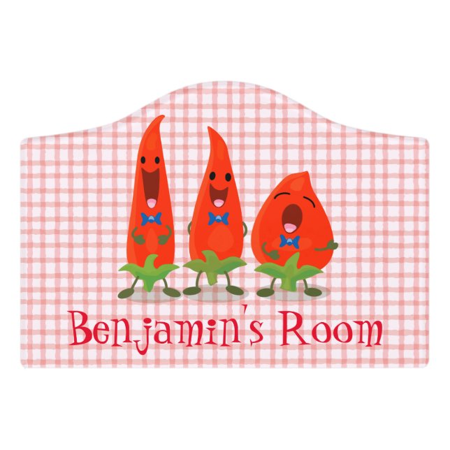 Cute singing chilli peppers cartoon illustration door sign (Small Crest Front)