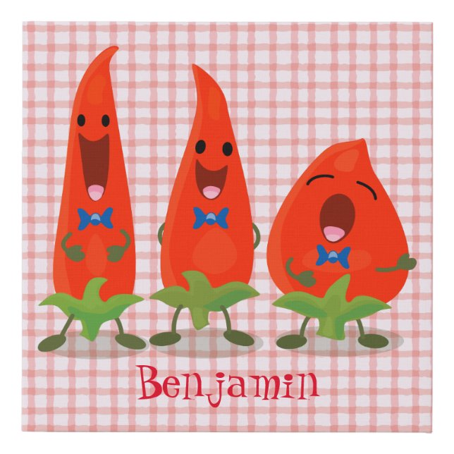 Cute singing chilli peppers cartoon illustration faux canvas print (Front)