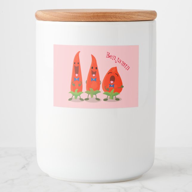 Cute singing chilli peppers cartoon illustration food label (Front)