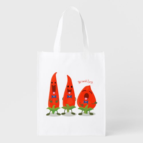 Cute singing chilli peppers cartoon illustration grocery bag