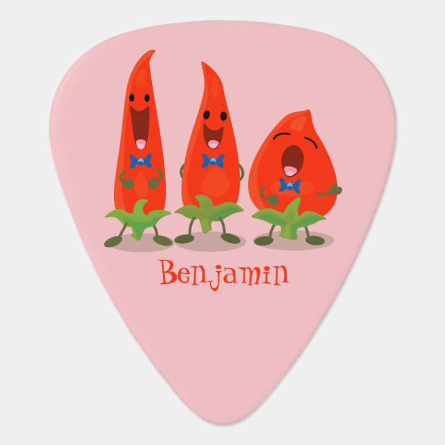 Cute singing chilli peppers cartoon illustration guitar pick (Front)