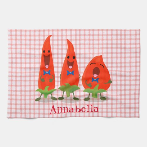 Cute singing chilli peppers cartoon illustration kitchen towel