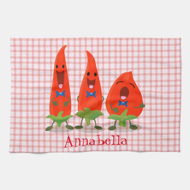 Cute singing chilli peppers cartoon illustration kitchen towel (Horizontal)