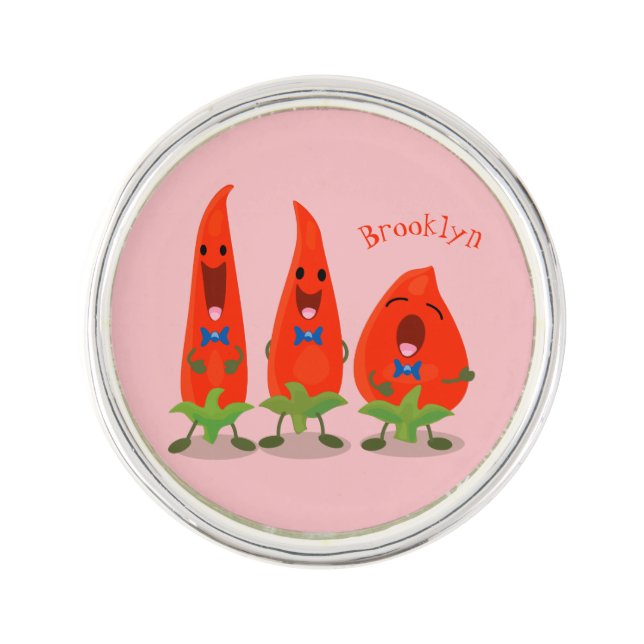 Cute singing chilli peppers cartoon illustration lapel pin (Front)