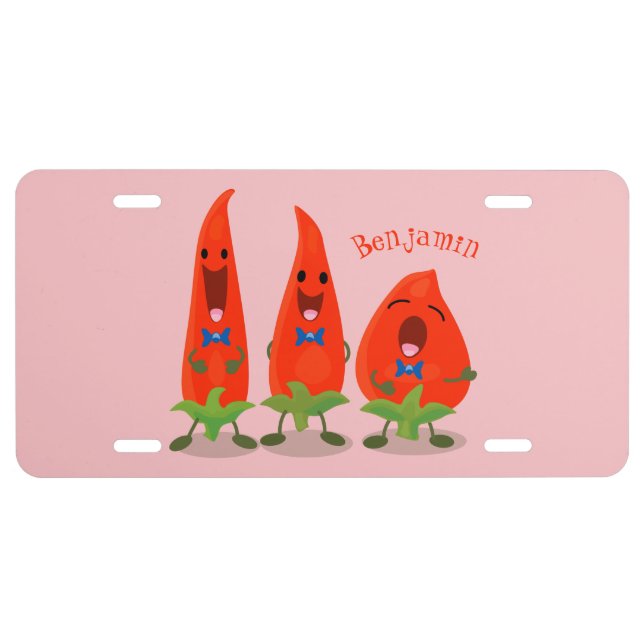 Cute singing chilli peppers cartoon illustration  license plate (Front)