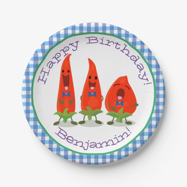 Cute singing chilli peppers cartoon illustration paper plates (Front)