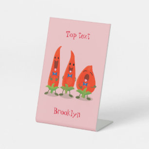 Cute singing chilli peppers cartoon illustration pedestal sign