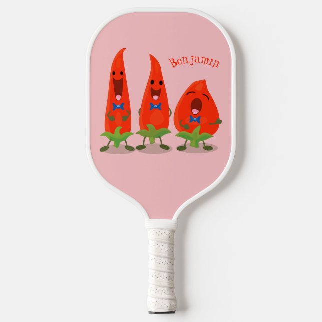 Cute singing chilli peppers cartoon illustration pickleball paddle (Front)