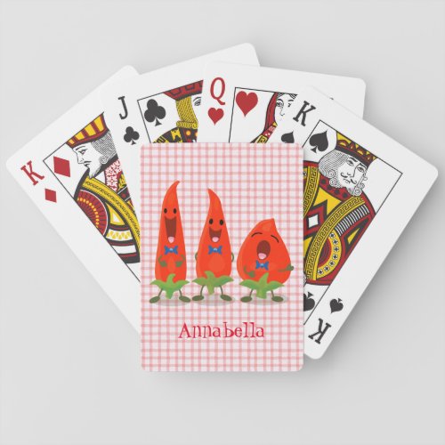 Cute singing chilli peppers cartoon illustration playing cards