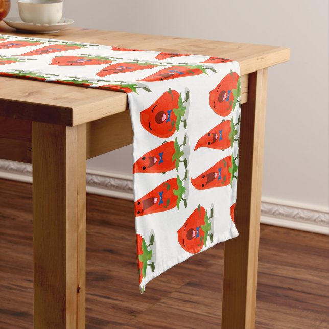 Cute singing chilli peppers cartoon illustration short table runner (In Situ)
