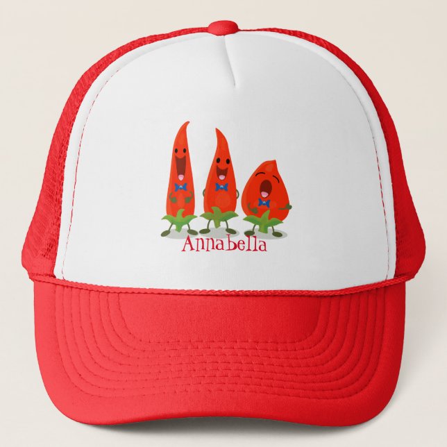 Cute singing chilli peppers cartoon illustration trucker hat (Front)