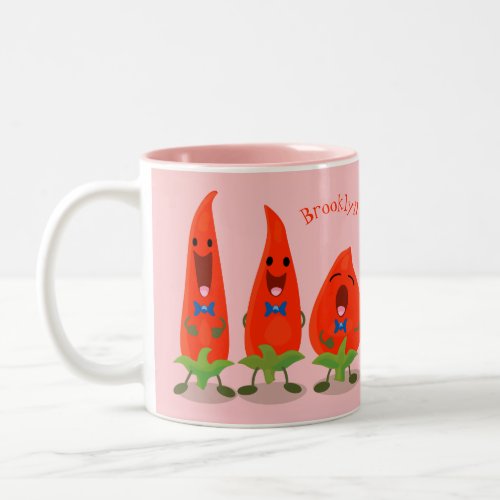 Cute singing chilli peppers cartoon illustration Two_Tone coffee mug