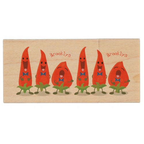 Cute singing chilli peppers cartoon illustration wood flash drive