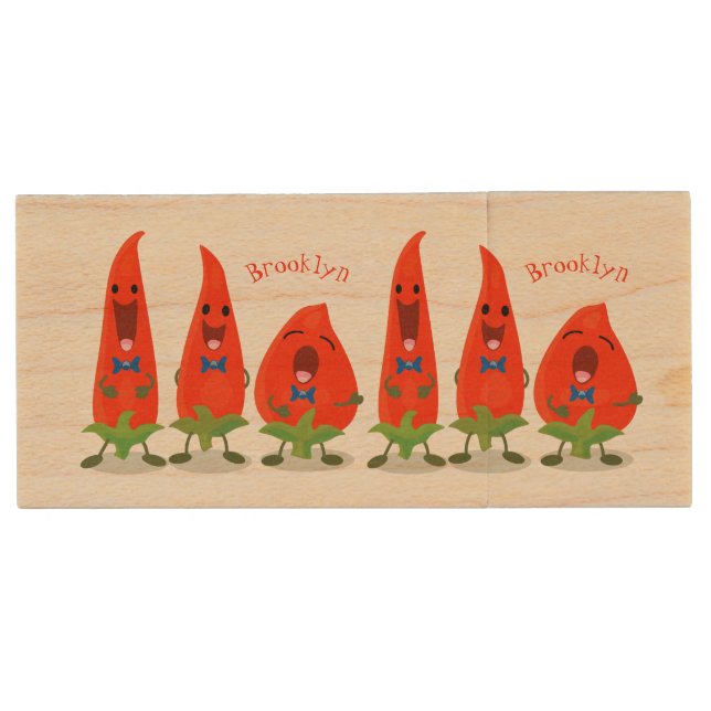 Cute singing chilli peppers cartoon illustration wood flash drive (Front)