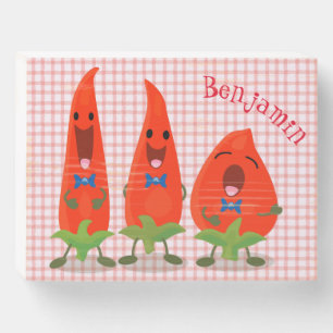 Cute singing chilli peppers cartoon illustration wooden box sign