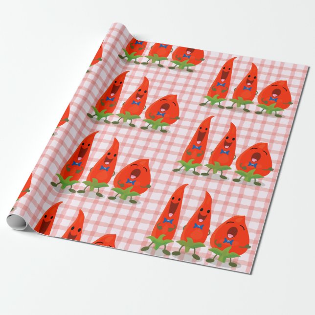 Cute singing chilli peppers cartoon illustration wrapping paper (Unrolled)
