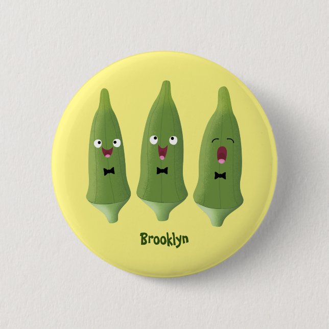 Cute singing okra vegetable cartoon button (Front)