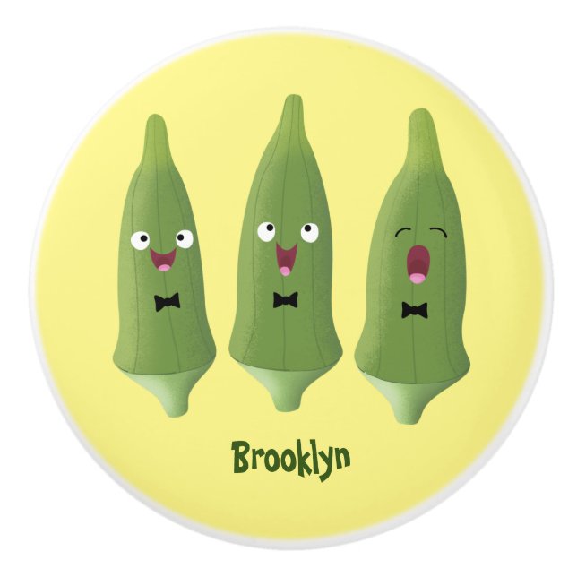 Cute singing okra vegetable cartoon  ceramic knob (Front)
