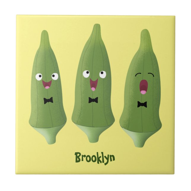 Cute singing okra vegetable cartoon ceramic tile (Front)