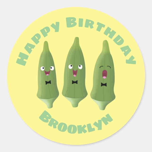 Cute singing okra vegetable cartoon  classic round sticker (Front)